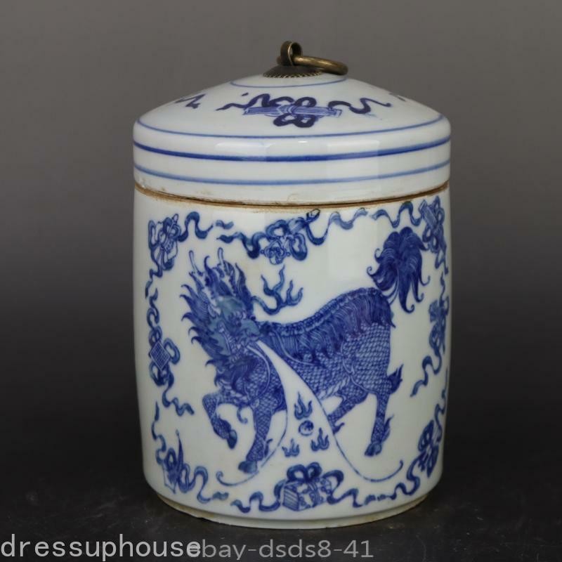 6.6“ Chinese Blue & White Porcelain Jar Qing Qianlong Kylin Design Pot Tea Caddy