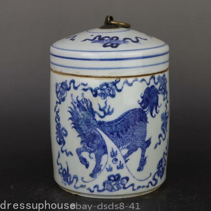 6.6“ Chinese Blue & White Porcelain Jar Qing Qianlong Kylin Design Pot Tea Caddy