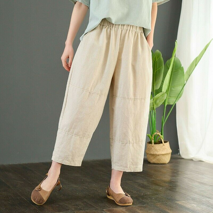 Women Comfort Loose Fit Baggy Flax Linen Harem Pants Leisure Pockets Trousers @