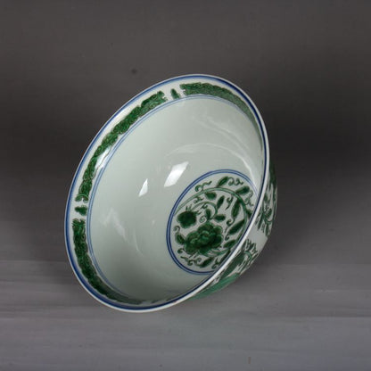 7.8" Chinese Porcelain Green Glaze Hand Painting Lotus Flower Pixiu Green Bowl