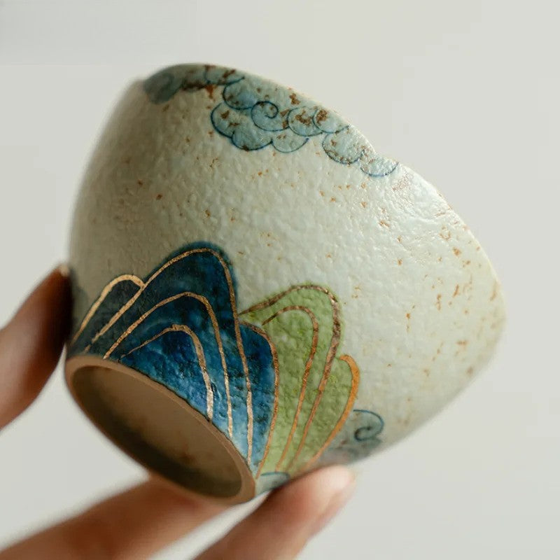 85ml Handpainted Tracing Gold Green Mountain Teacup Tea Bowl Tea-tasting Cup