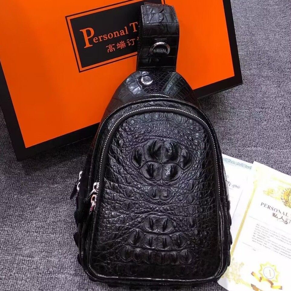Original Crocodile Skin Leather Crossbody Bag, Men's Luxury Black Sling Backpack