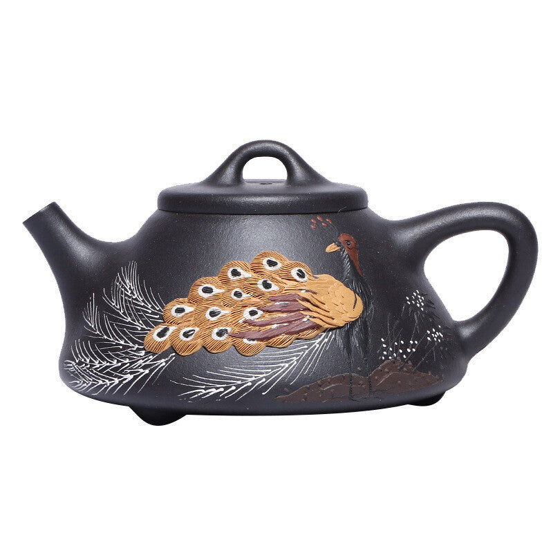 Full Handmade Tea Pot Marked Shipiao Pot Peacock Relief Master Real Yixing Zisha