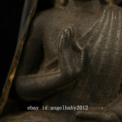 8" Chinese Old Antique Tibet Handmade Meteorite Iron Sakyamuni Buddha Statue