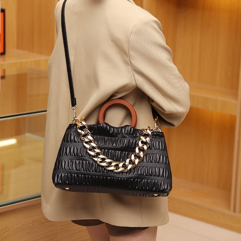 Thick Chain Shell Bag Synthetic Leather Crossbody Purse Wooden Handle 17*33*8 CM