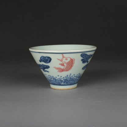 3.1" Chinese Qing Blue White Porcelain Folk Kiln Red Glaze Fish Douli Cup Decor