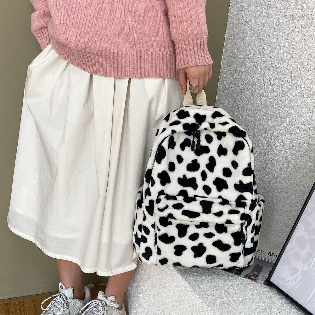 Warm Plush Backpack Teenager School Bag Fashion Cow Print Multipocket Travel Bag