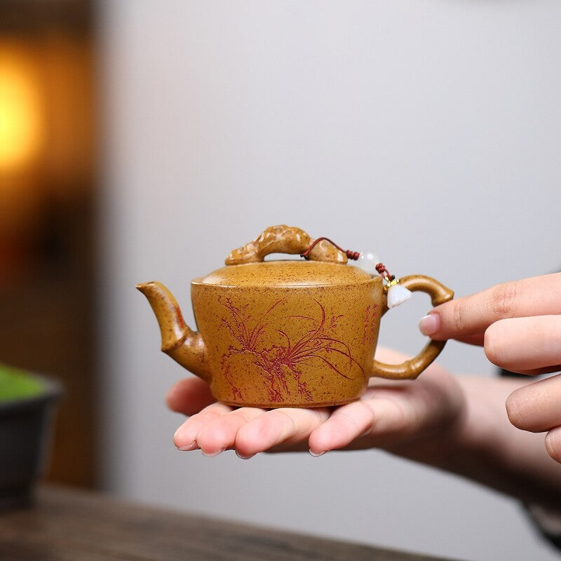 100ml Hand Carved Orchid Real Yixing Zisha Small Tea Pot Chinese Kungfu Tea Pot