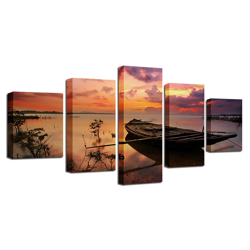 Sunset Seascape Sea Beach Boat Canvas Prints Painting Wall Art Home Decor 5PCS
