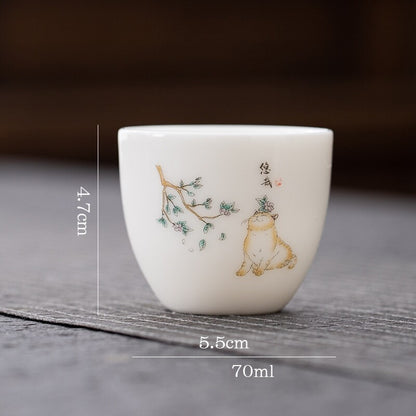 One Cup Fat Mutton Jade Porcelain Tea Cup Love Cat Print Kungfu Tea Cup 70ml New