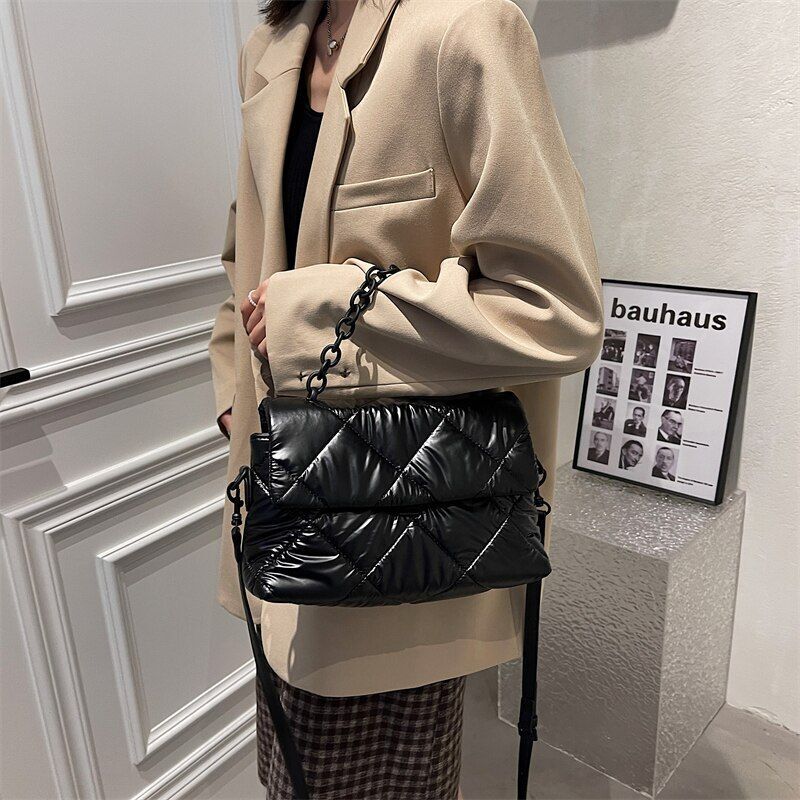 Acrylic Chain Padd Crossbody Bag Handbag Nylon Cotton Shoulder Purse 28*14*10 CM