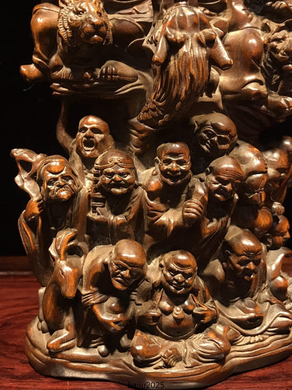 6.1"Chinese Box-wood Carving Buddhism 18 Arhat Shakyamuni Amitabha Buddha Statue