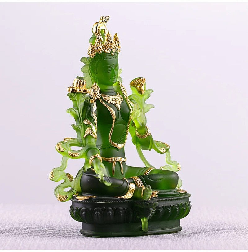 12.8cm Glass Green Tara Buddha Statue Chinese Zen Temple Feng Shui Ornament