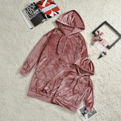 Family Matching Outfits Long Sleeve Casual Hoodies Velvet Mother Girl Loose Pink