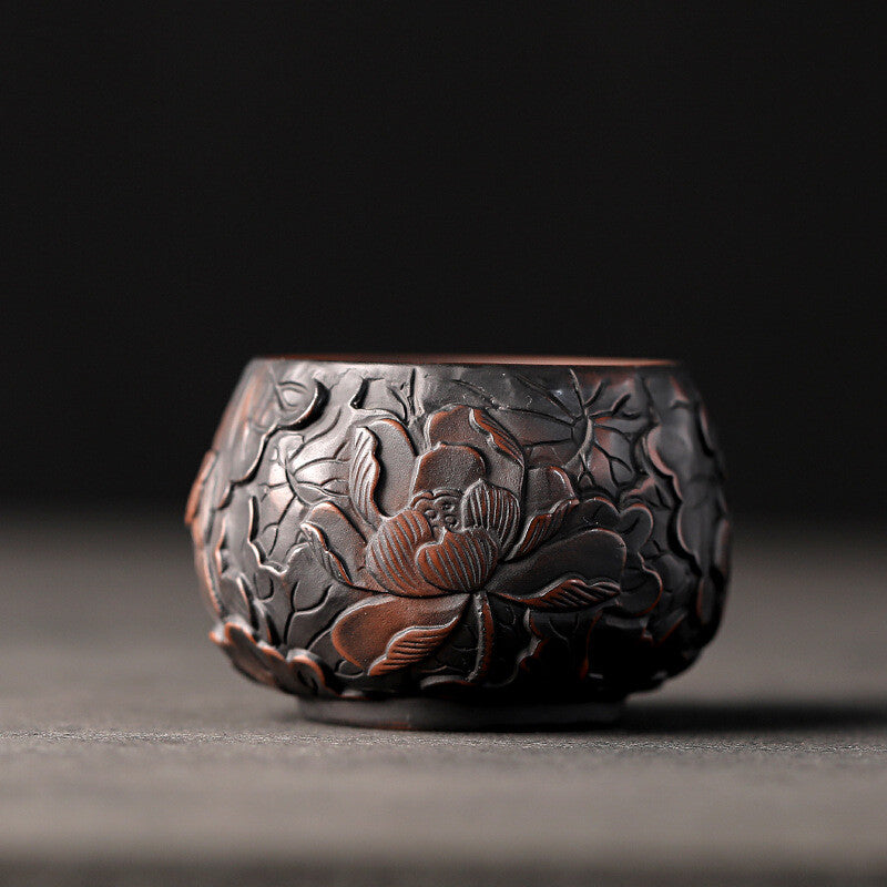 One Cup Handmade Floral Dragon Carved Yixing Zisha Purple Pottery Kungfu Teacups