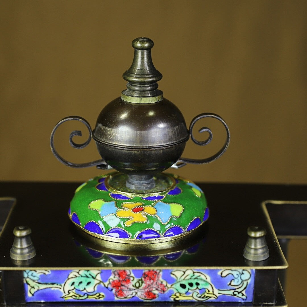 8.07" China Cloisonné Bronze Colour Enamels Flower Column Mechanical Desk Clock