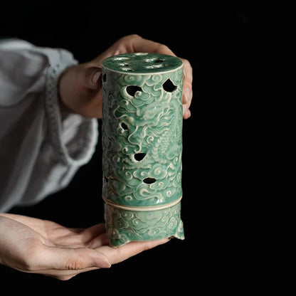 Yue Kiln Celadon Incense Burner Three Legged Dragon Cloud Aromatherapy Furnace