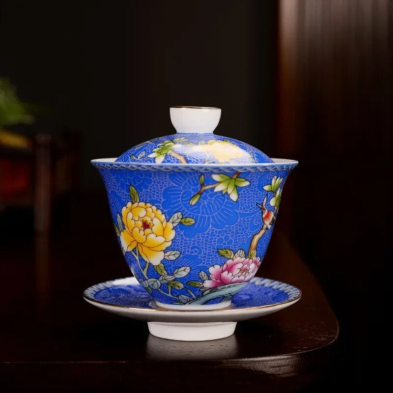 1PC Jingdezhen Gaiwan Enamel Color Tea Bowl Hand painted flower bird Teaset