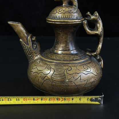 Vintage Brass Beast Handle Teapot Antique Collectible Bat Pattern 14cm