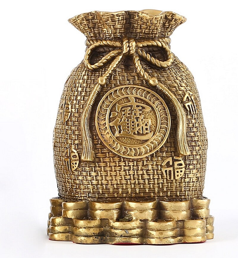 Brass Chinese Coin Pot Money Pocket Statue Saving Wealth Feng Shui Home Decor