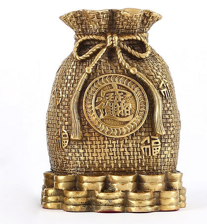 Brass Chinese Coin Pot Money Pocket Statue Saving Wealth Feng Shui Home Decor