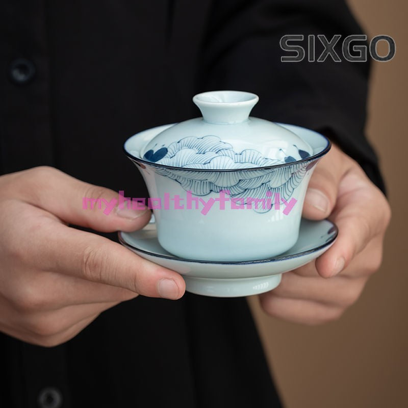 Hand Drawn Hibiscus Lid Bowl Blue and White Tea Cup Ceramic Tea Set