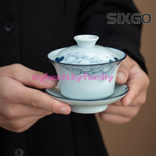 Hand Drawn Hibiscus Lid Bowl Blue and White Tea Cup Ceramic Tea Set