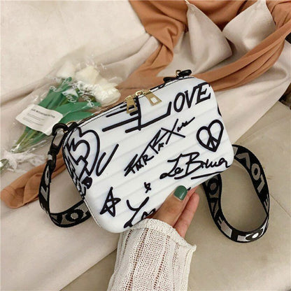 Mini Bag Graffiti Box Shoulder Crossbody Style Fashion Letter Zipper Purse Women