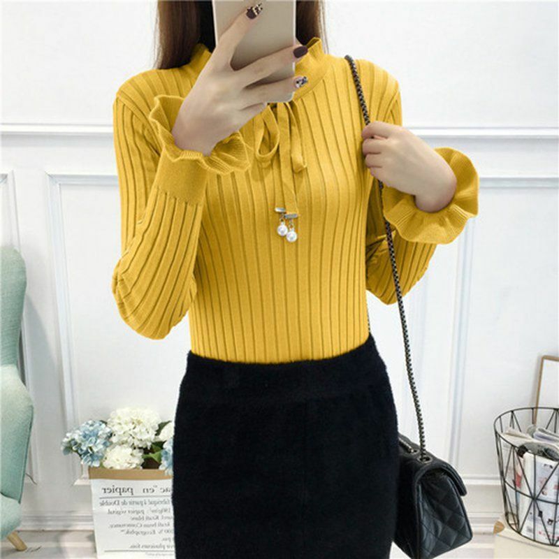 Women Sweater Knitted Long Sleeve Knitwear Elastic Basic Korean Style Pullover