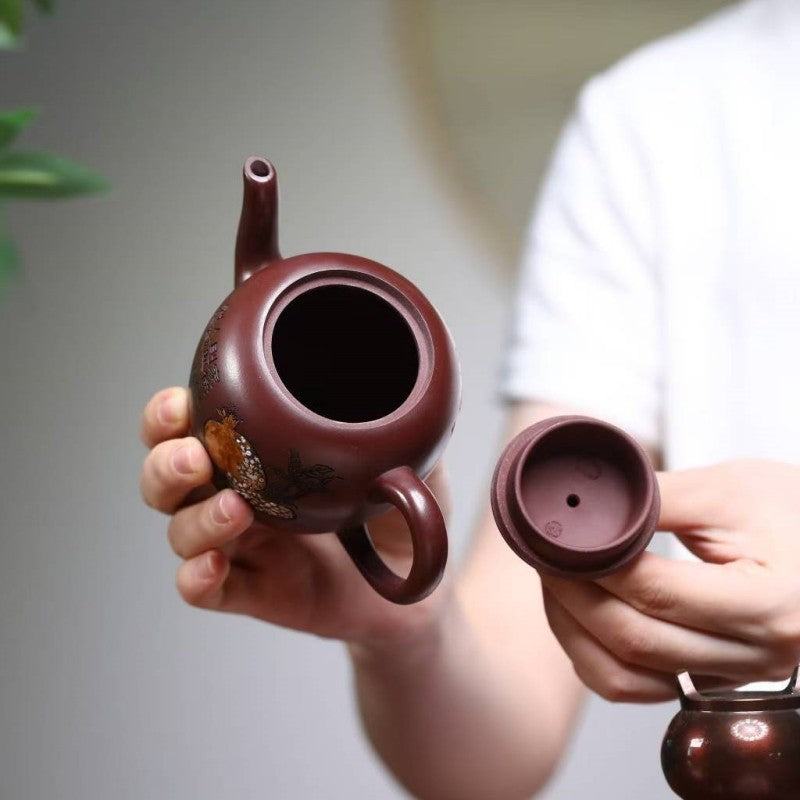 Handmade Craft Original Ore Real Yixing Zisha Purple Clay Tea Pot Floral Relief