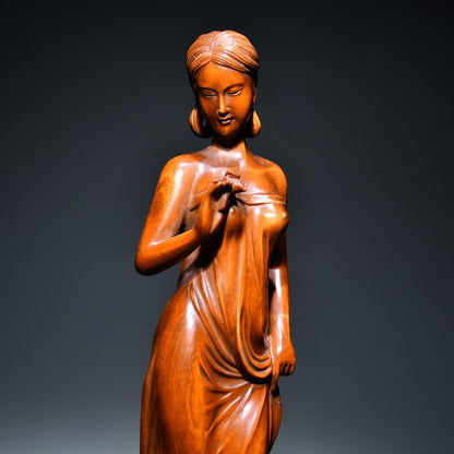 Chinese Antique Wood Carving Wooden Sculpture Artwork Statue Women Ladies Maiden