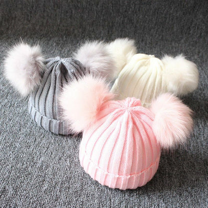 Knit Hat Newborn Baby Kid Girls Boys Winter Warm Furry Balls Pompom Solid Lovely