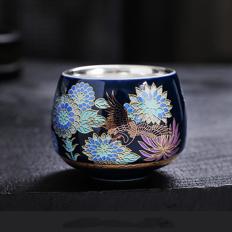 One Cup Ceramic Sterling Silver Tea Cup Antique Style Peony Flower Print Teacups
