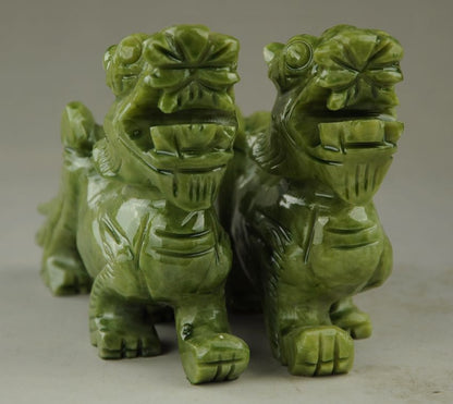 Chinese Natural green Jade Dragon Pixiu Statue Pair