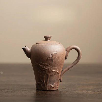 140ml Chinese Rough Pottery Old Rock Mud Relief Lotus Teapot Kungfu Teaware
