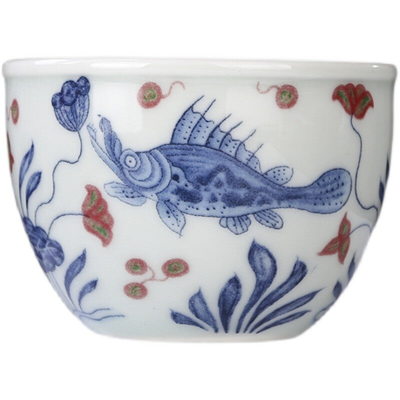 2.7" Chinese Blue-and-white Porcelain Red Glaze Lotus Pond Animal Fish Cup