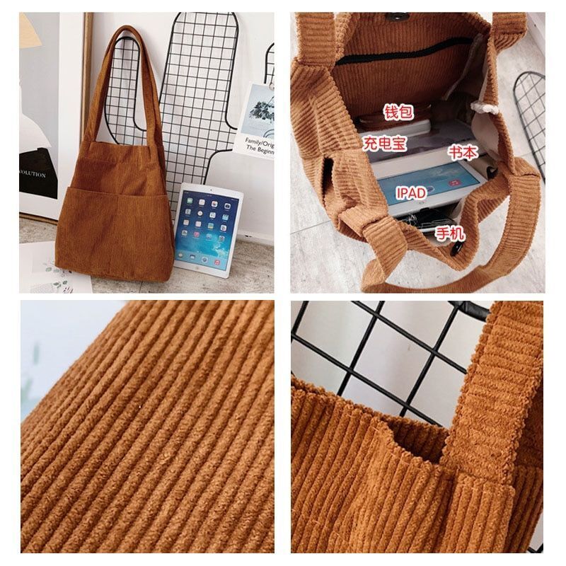 Corduroy Tote Bag Carry Shoulder Bag Retro Handbag Inner Pocket Travel Shopping