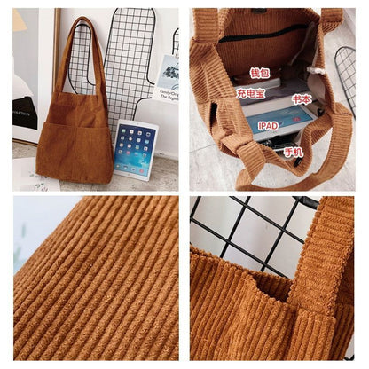 Corduroy Tote Bag Carry Shoulder Bag Retro Handbag Inner Pocket Travel Shopping