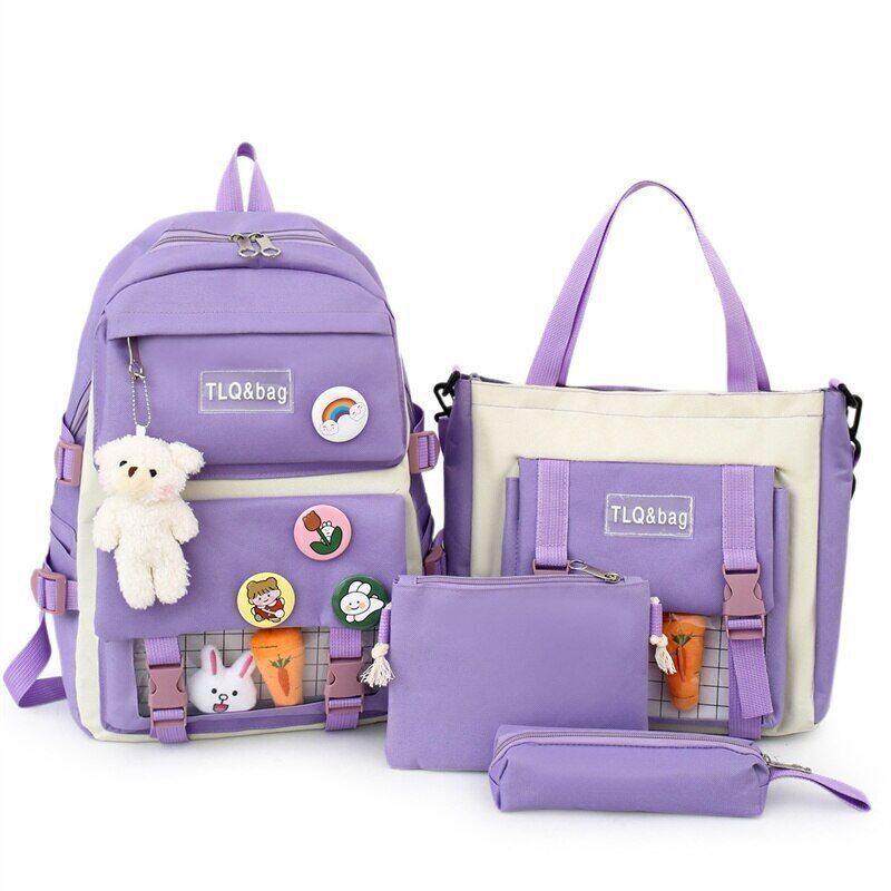 4 Pcs Sets Women Bag Women Backpack Book Bags Female with Plush Pendant