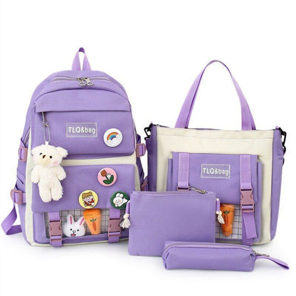 4 Pcs Sets Women Bag Women Backpack Book Bags Female with Plush Pendant