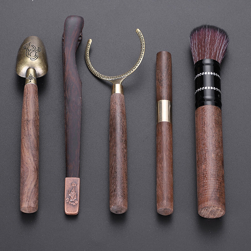 Classical Chadao Tea Accessories 6pcs Porcelain Vase Ebony Wood Cup Holder Spoon