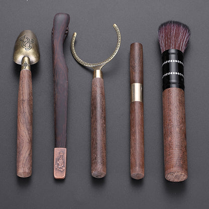 Classical Chadao Tea Accessories 6pcs Porcelain Vase Ebony Wood Cup Holder Spoon