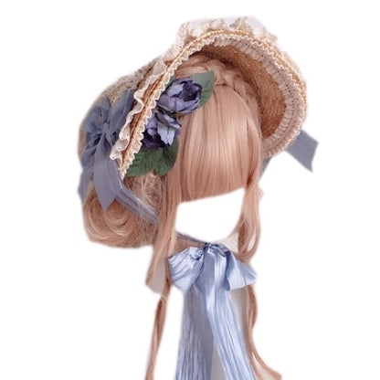 Women Lolita Hats Pastoral Style Flat Tops Lace Flower Ribbon Straw Beach Bonnet