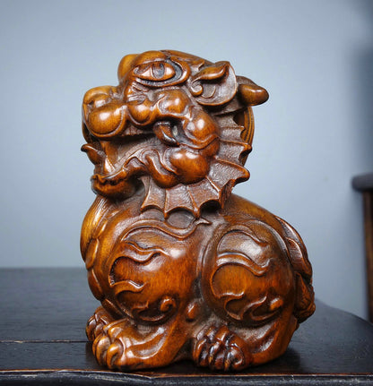 Old China Boxwood Wood Fengshui Kylin Chi-lin Qilin Lion Beast Auspicious Statue