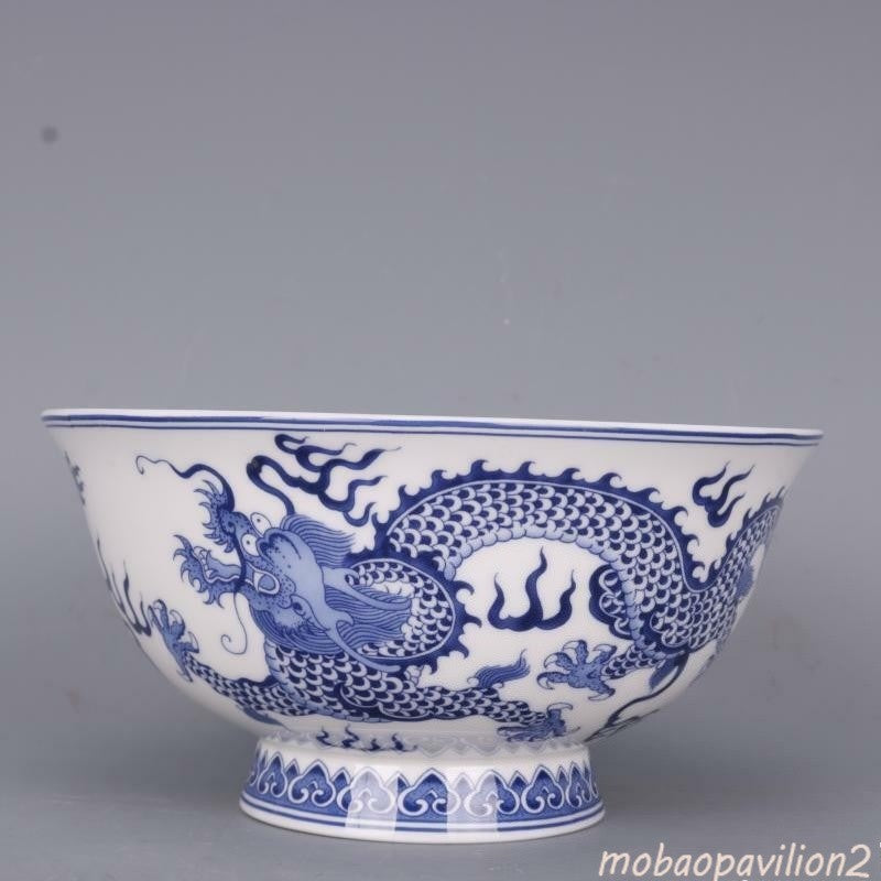 6.1 inch Chinese Qing Qianlong Blue and White Two Dragons Design Porcelain Bowl