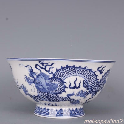 6.1 inch Chinese Qing Qianlong Blue and White Two Dragons Design Porcelain Bowl