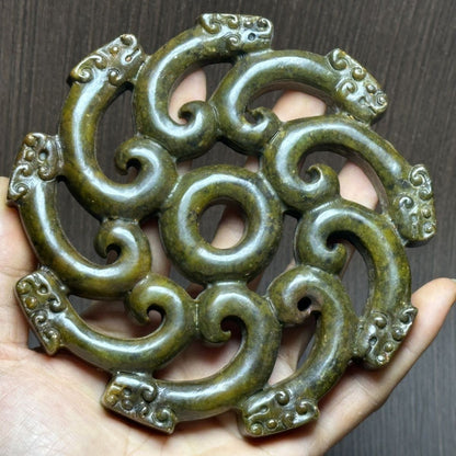 Xiuyu Jade Bi Pendant Nine Dragon Carving Old Jade Collectible Ornament