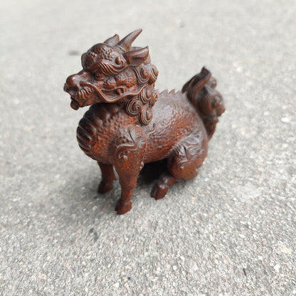 Chinese Unicorn Fabulous Zen Kylin Dragon Statue Figurines Boxwood Carving Gift