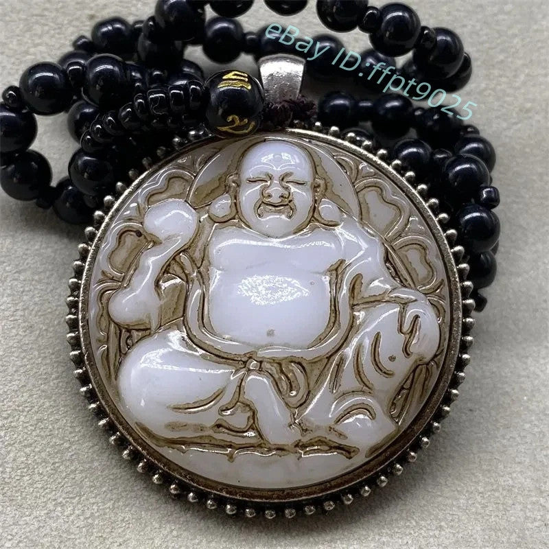 China Antique Collection Old Jade Maitreya Buddha Blessing Pendant Mala Necklace