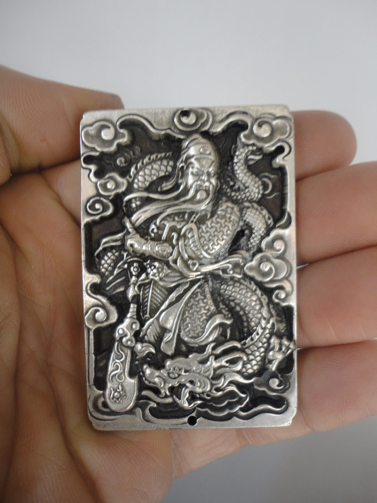 Collected Ancient China Tibet Silver Carving Guan Yu God Wealth Amulet Pendant